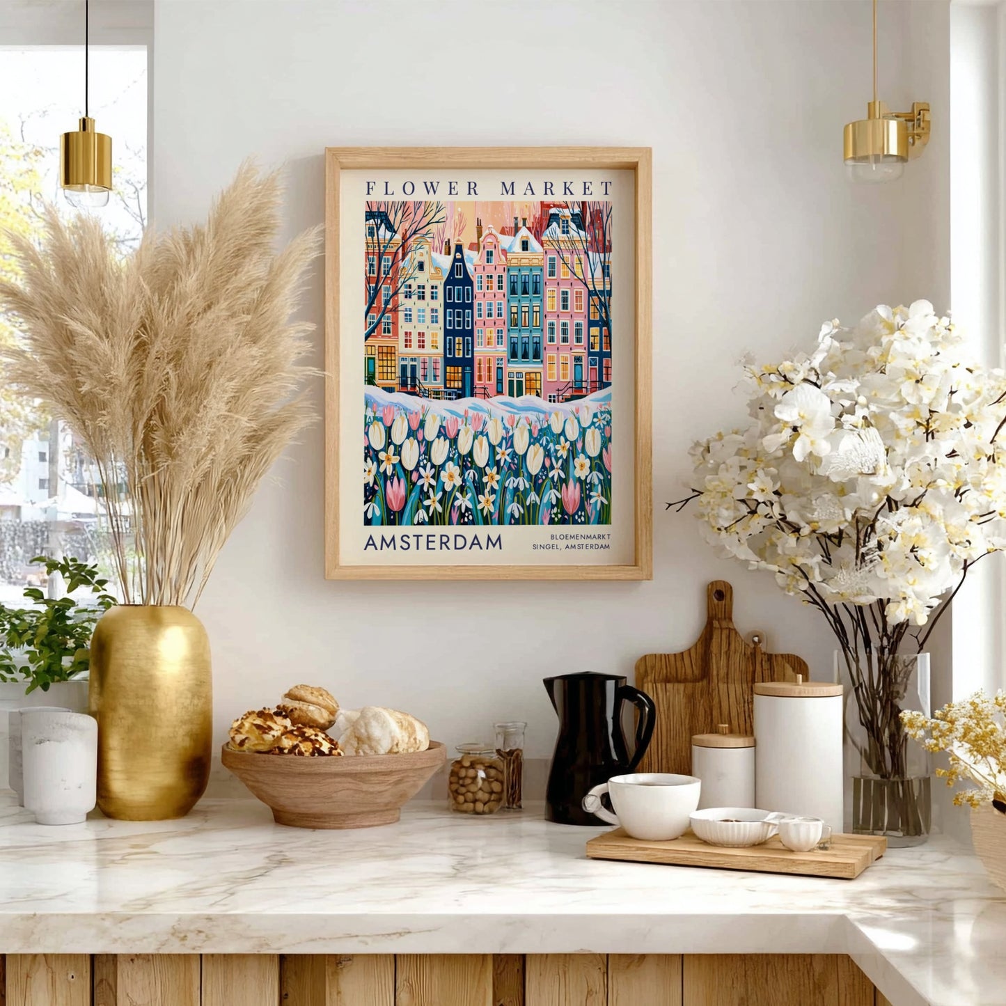 vibrant travel art poster featuring Amsterdam's flower market and colorful city buildings