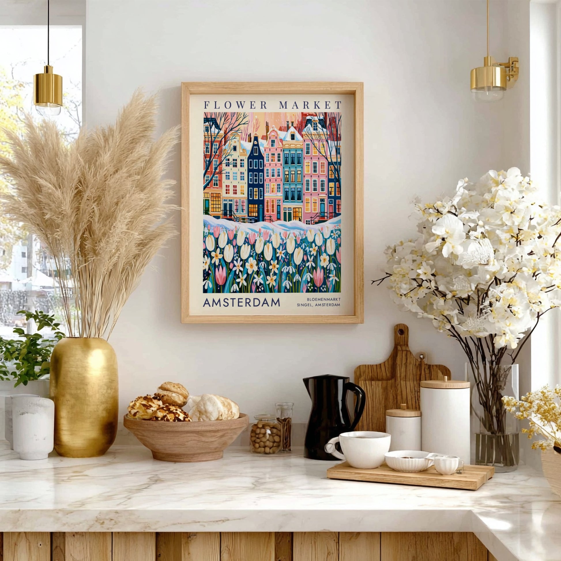 vibrant travel art poster featuring Amsterdam's flower market and colorful city buildings