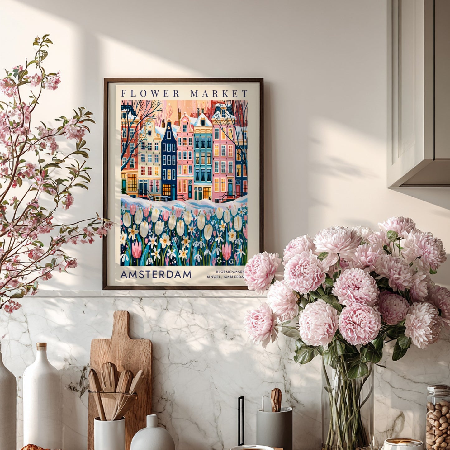 vibrant travel art poster featuring Amsterdam's flower market and colorful city buildings