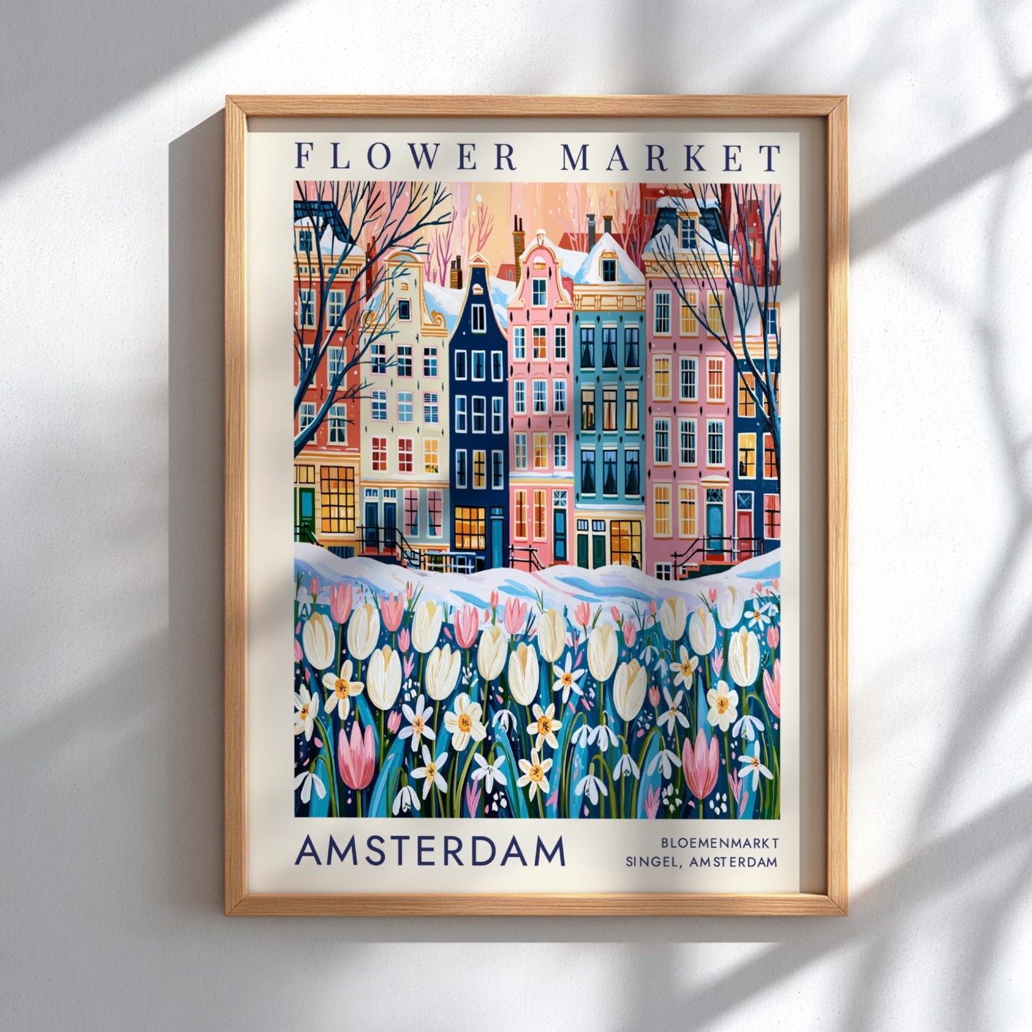 vibrant travel art poster featuring Amsterdam's flower market and colorful city buildings
