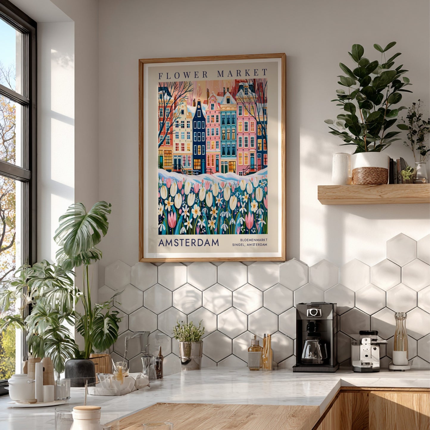 vibrant travel art poster featuring Amsterdam's flower market and colorful city buildings