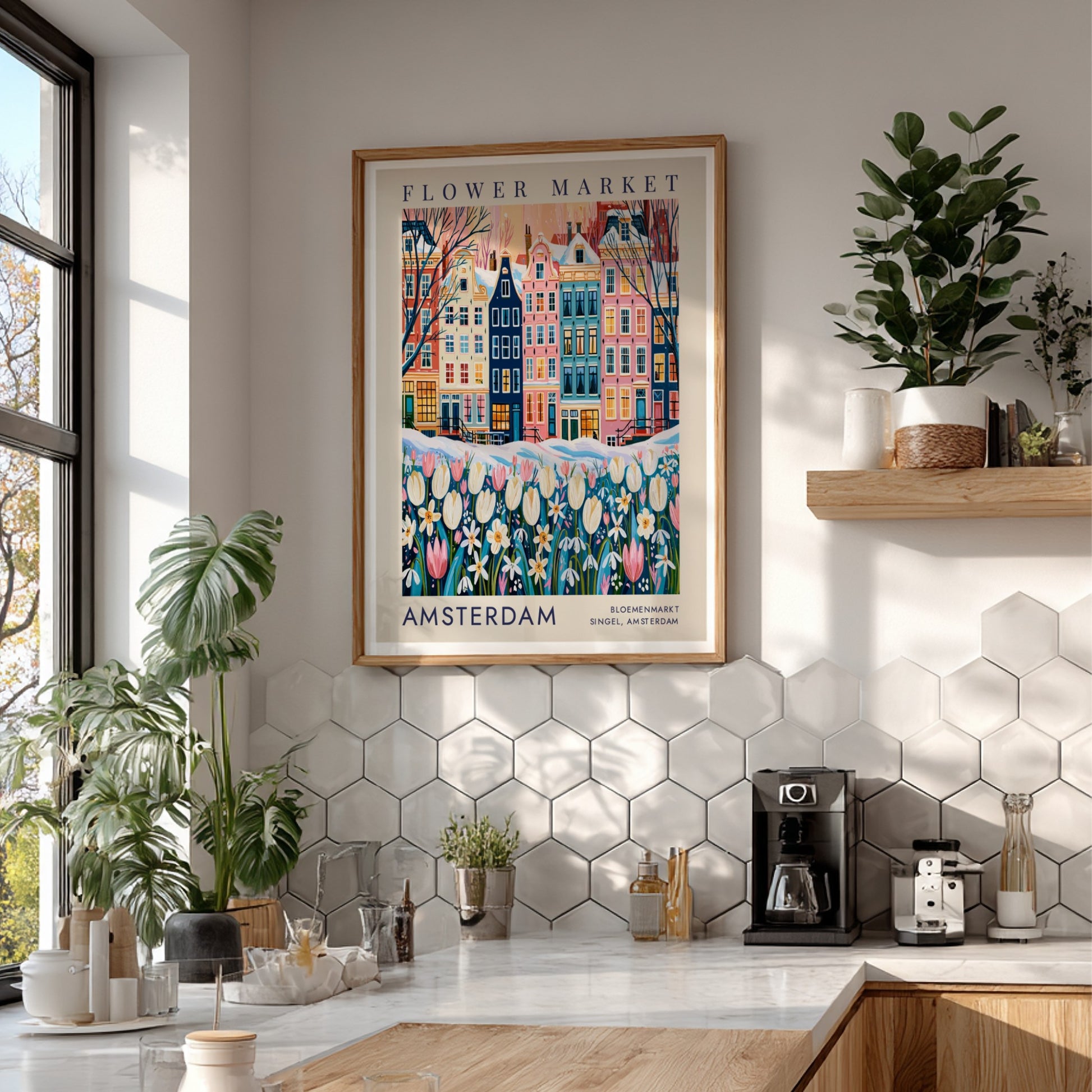 vibrant travel art poster featuring Amsterdam's flower market and colorful city buildings