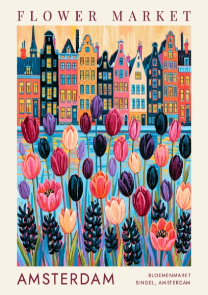 Vibrant travel poster of Amsterdam flower market and city skyline in colorful design