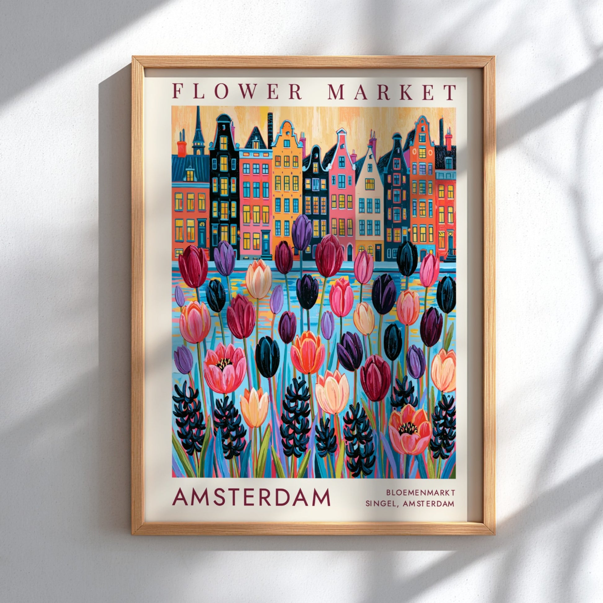Vibrant travel poster of Amsterdam flower market and city skyline in colorful design