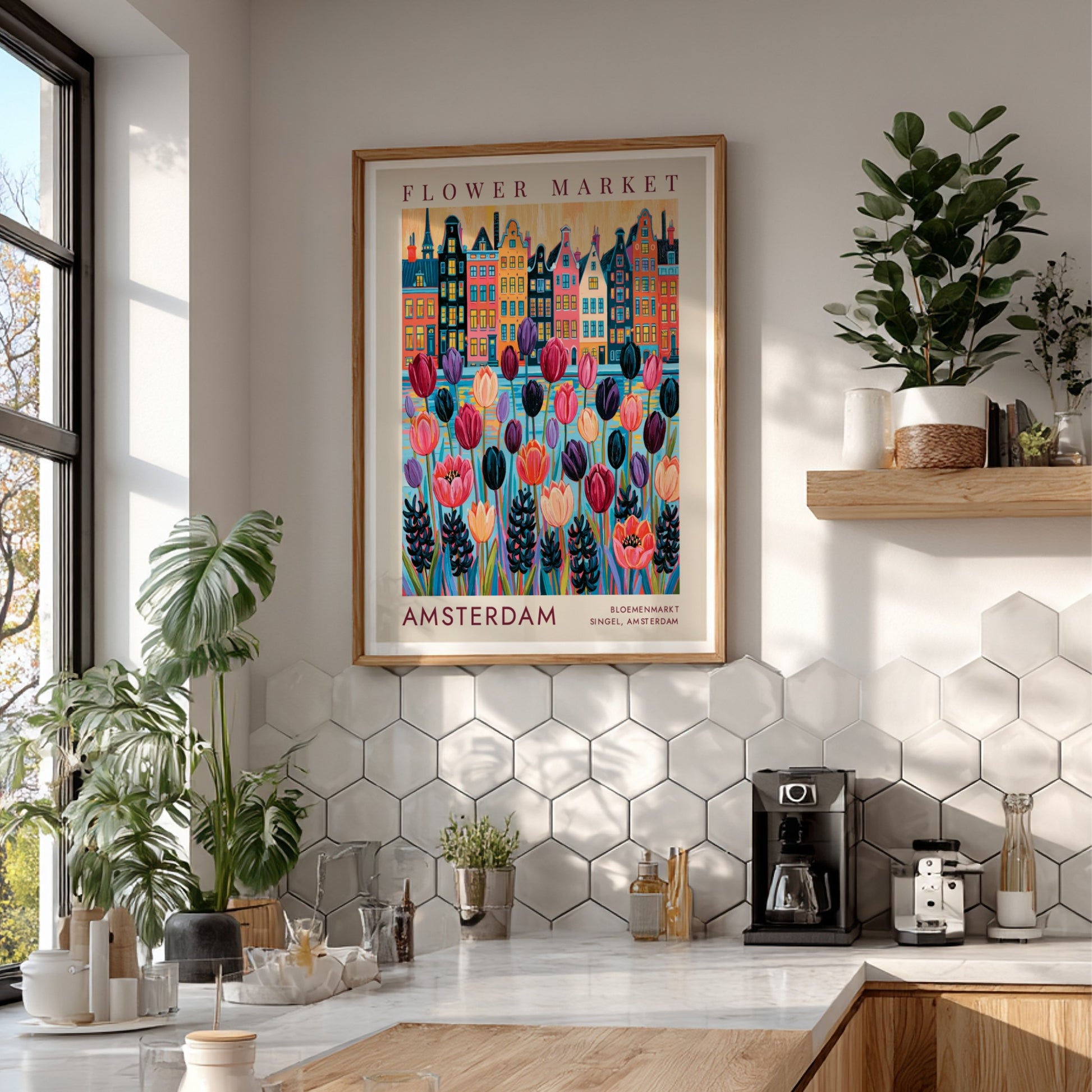 Vibrant travel poster of Amsterdam flower market and city skyline in colorful design