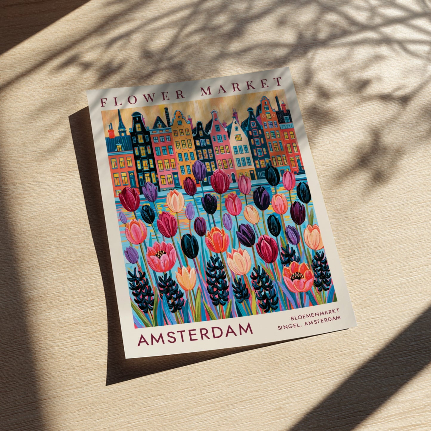 Vibrant travel poster of Amsterdam flower market and city skyline in colorful design