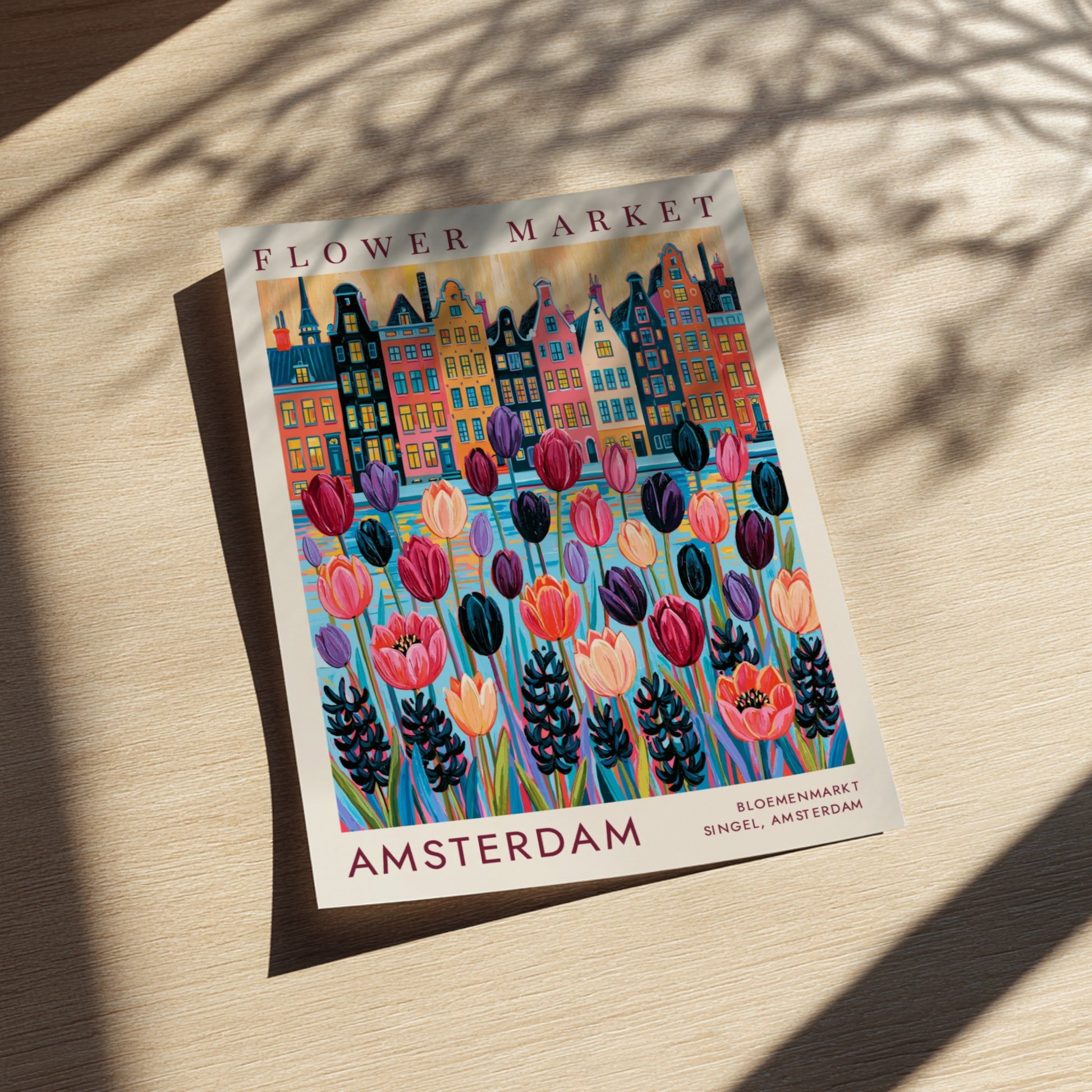 Vibrant travel poster of Amsterdam flower market and city skyline in colorful design