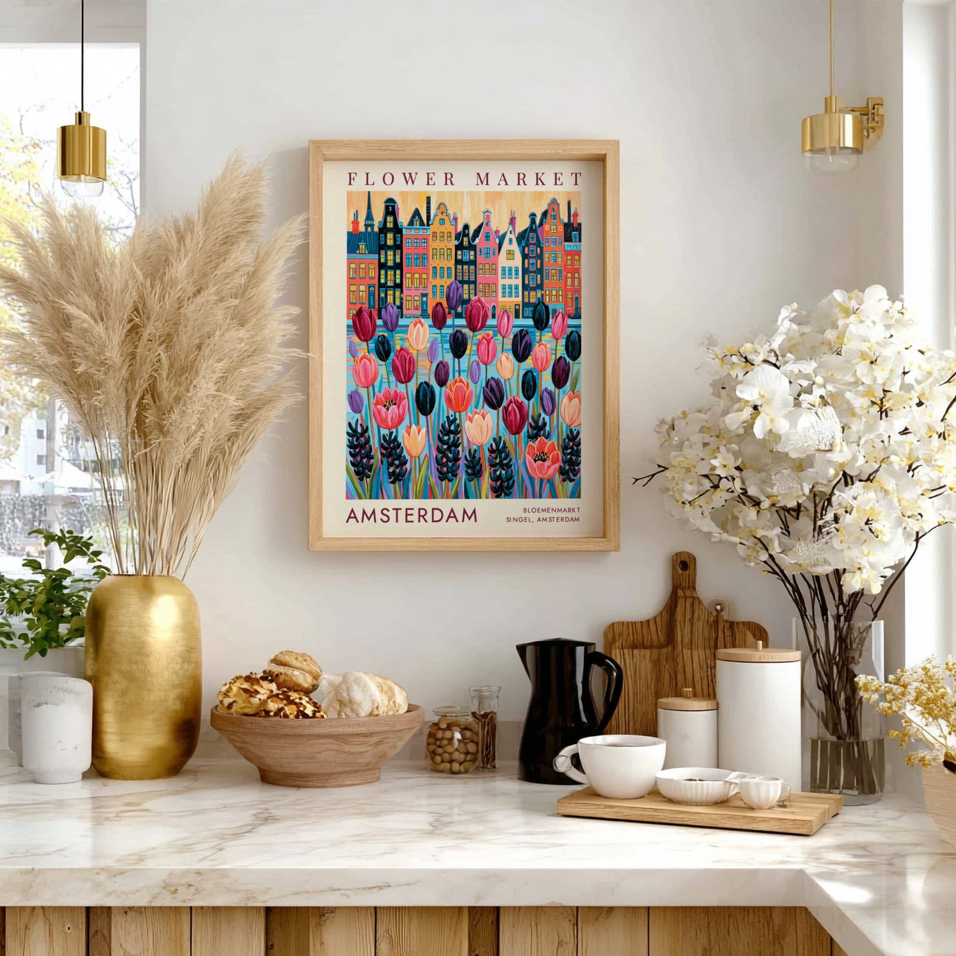 Vibrant travel poster of Amsterdam flower market and city skyline in colorful design