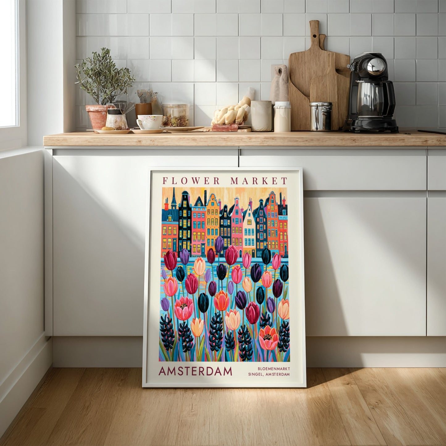 Vibrant travel poster of Amsterdam flower market and city skyline in colorful design