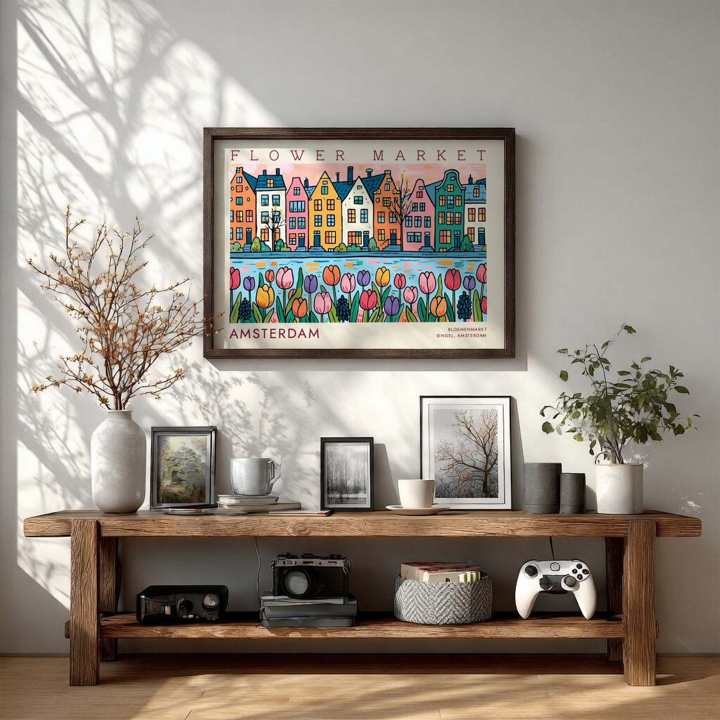 Amsterdam flower market poster featuring colorful tulips and Dutch architecture in vibrant style