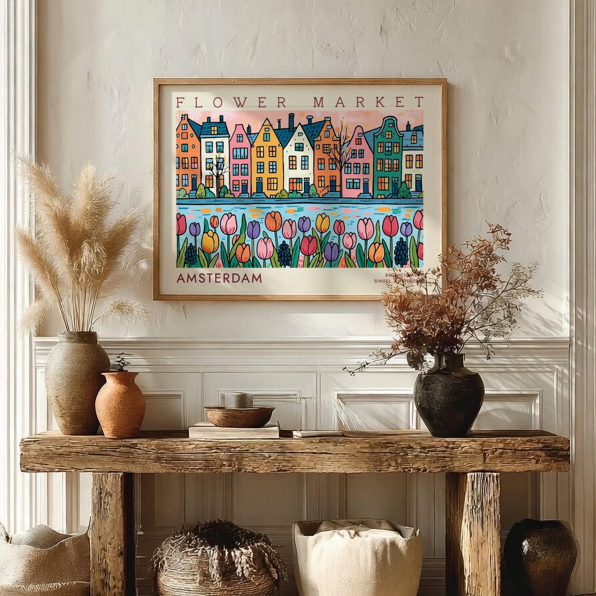 Amsterdam flower market poster featuring colorful tulips and Dutch architecture in vibrant style