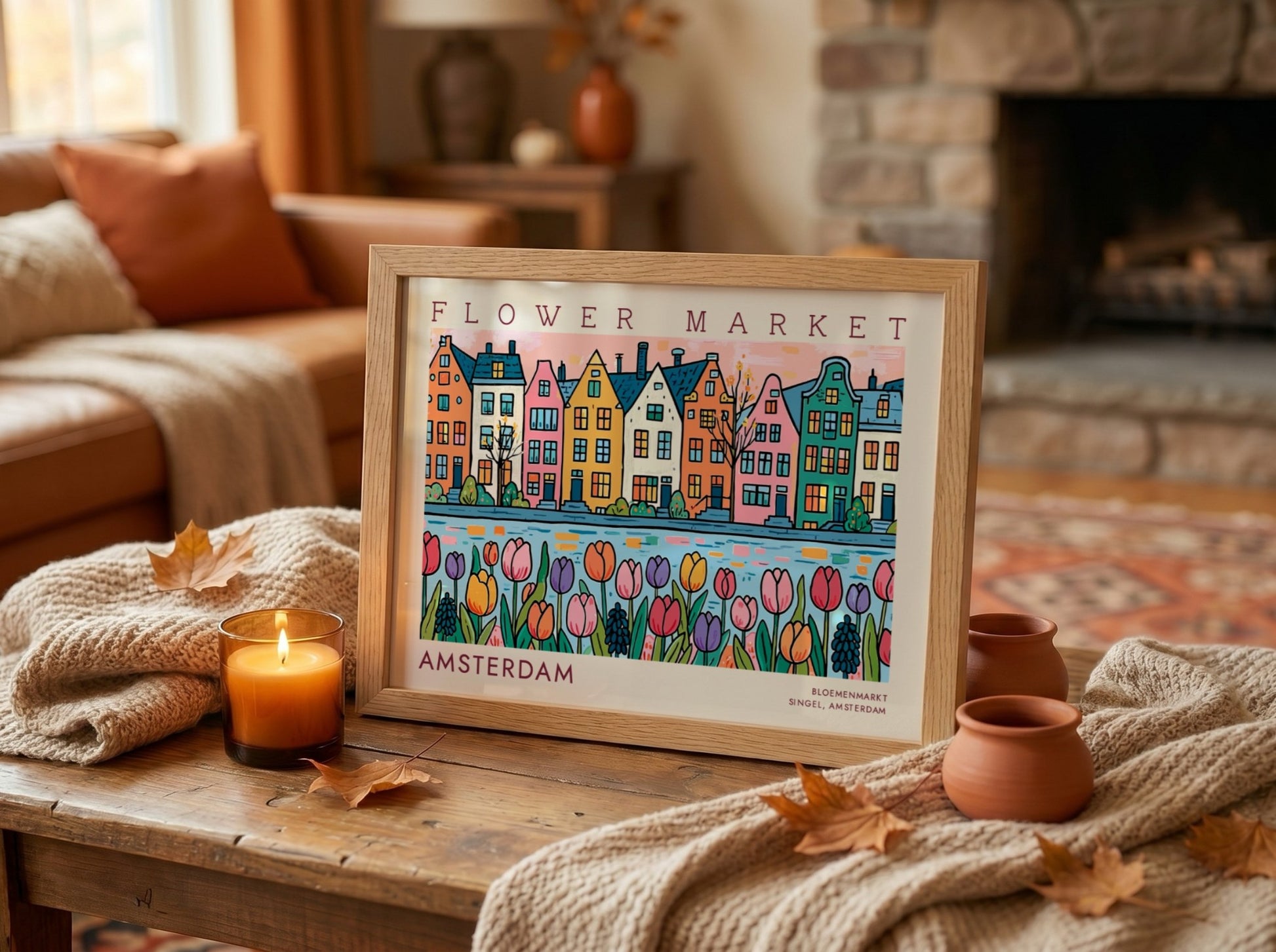 Amsterdam flower market poster featuring colorful tulips and Dutch architecture in vibrant style