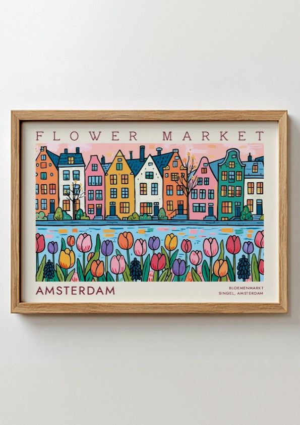 Amsterdam flower market poster featuring colorful tulips and Dutch architecture in vibrant style