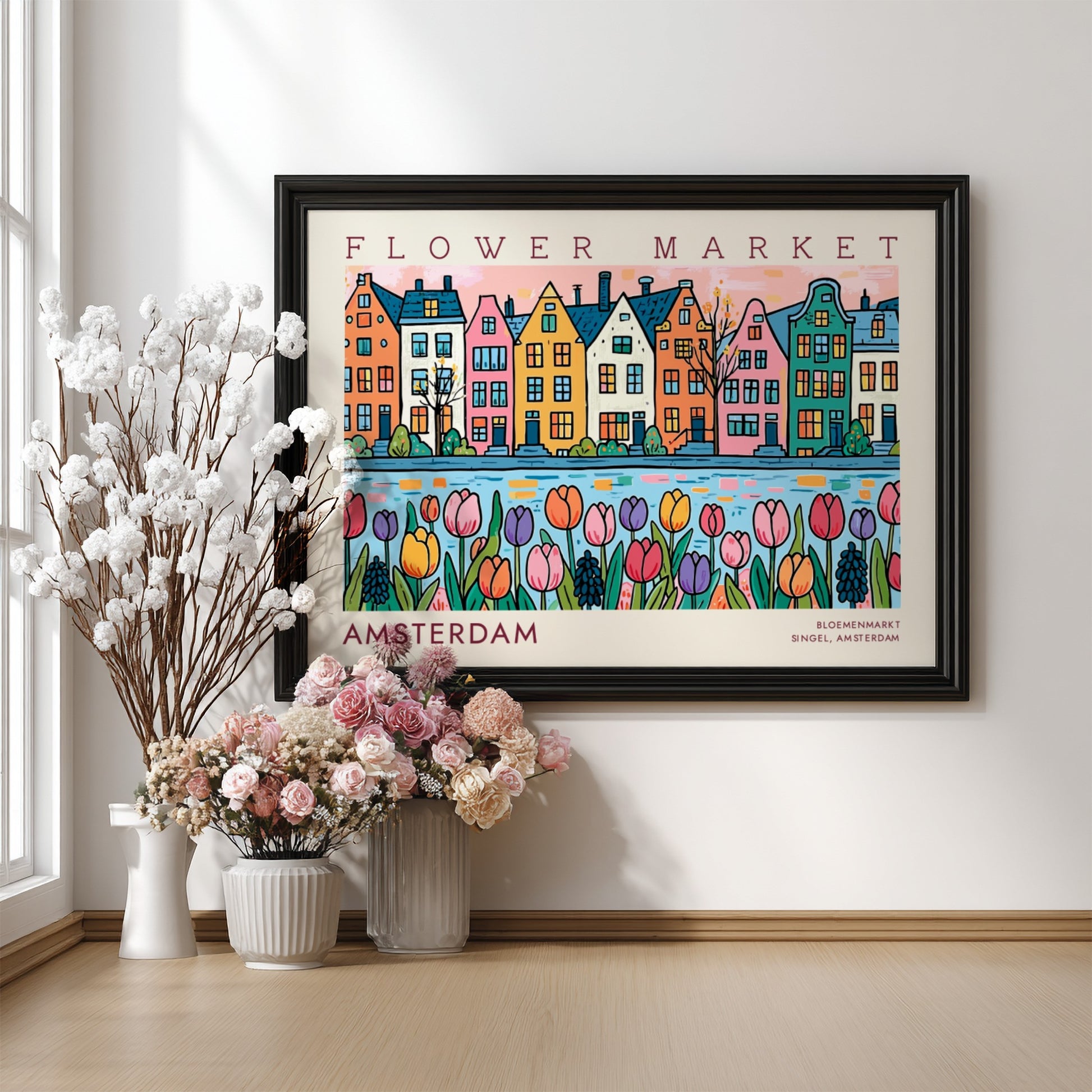 Amsterdam flower market poster featuring colorful tulips and Dutch architecture in vibrant style