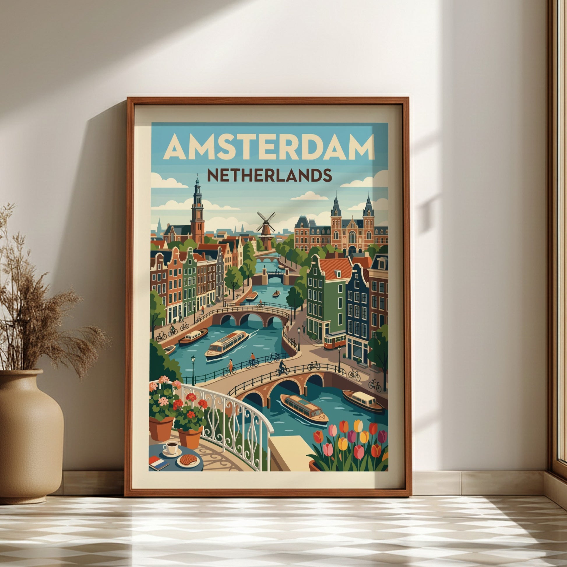 Illustrative poster of Amsterdam canals with gabled houses, bridges, and boats in a vibrant color palette.