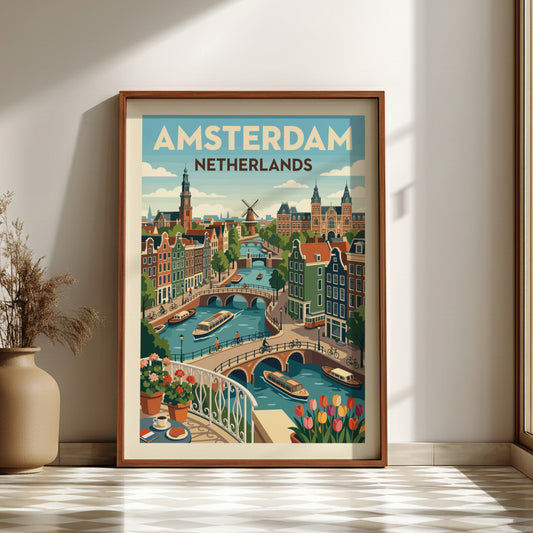 Illustrative poster of Amsterdam canals with gabled houses, bridges, and boats in a vibrant color palette.