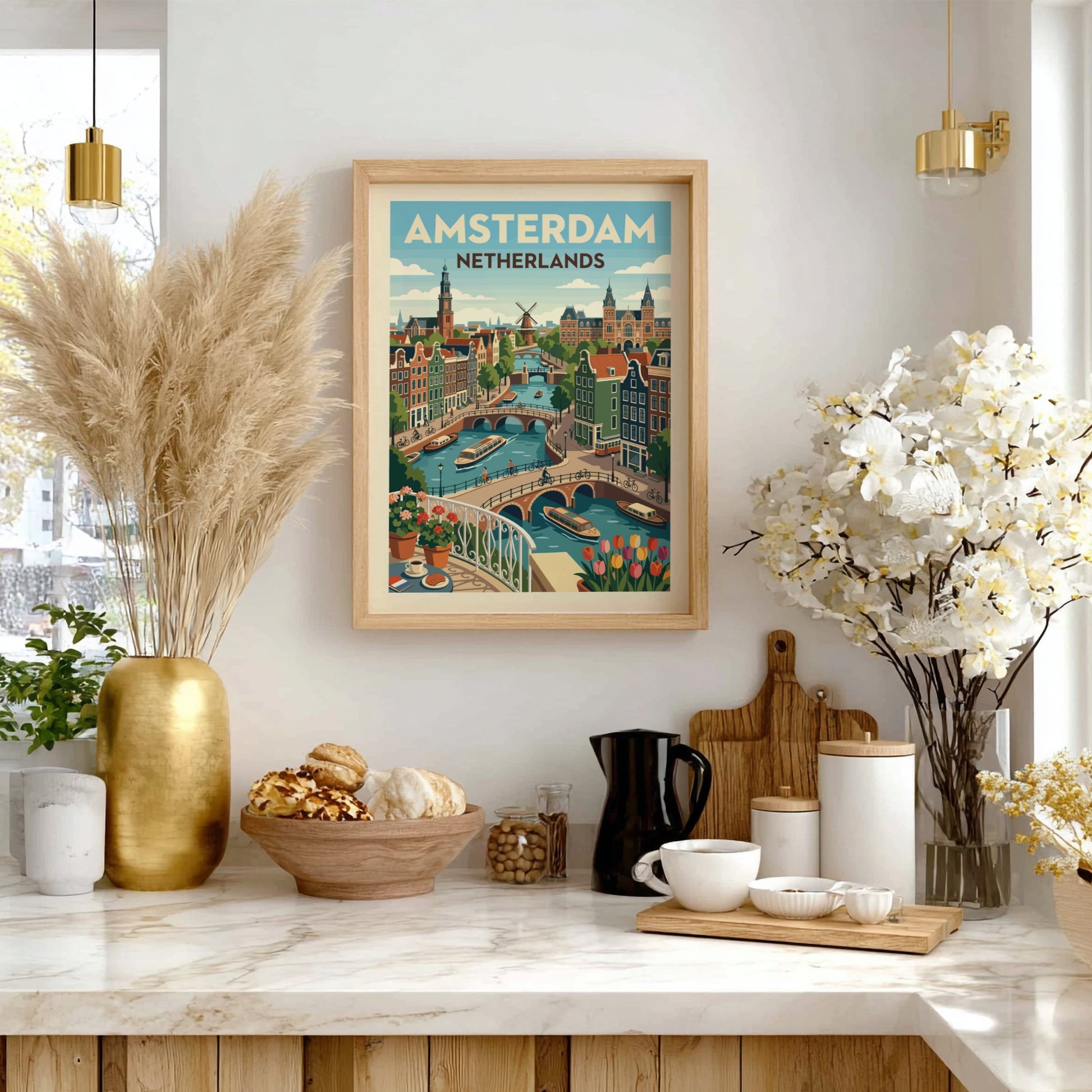 Illustrative poster of Amsterdam canals with gabled houses, bridges, and boats in a vibrant color palette.