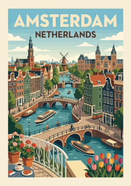 Illustrative poster of Amsterdam canals with gabled houses, bridges, and boats in a vibrant color palette.