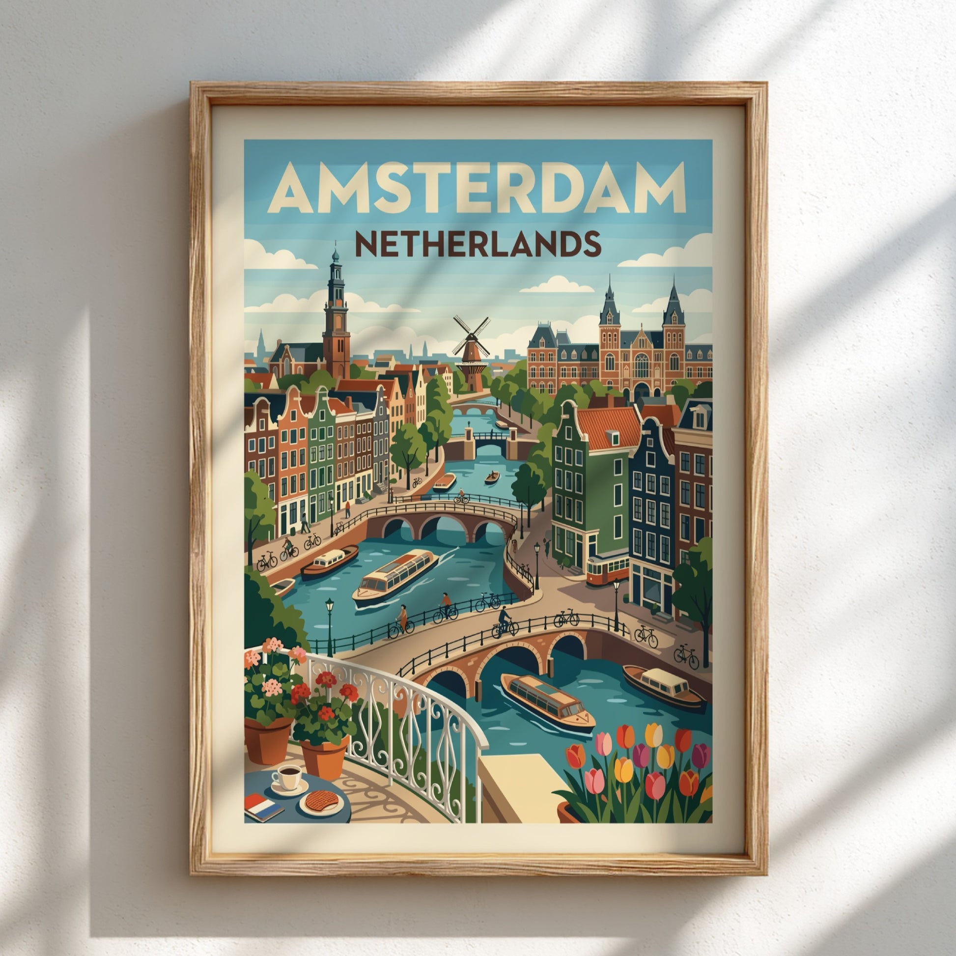 Illustrative poster of Amsterdam canals with gabled houses, bridges, and boats in a vibrant color palette.