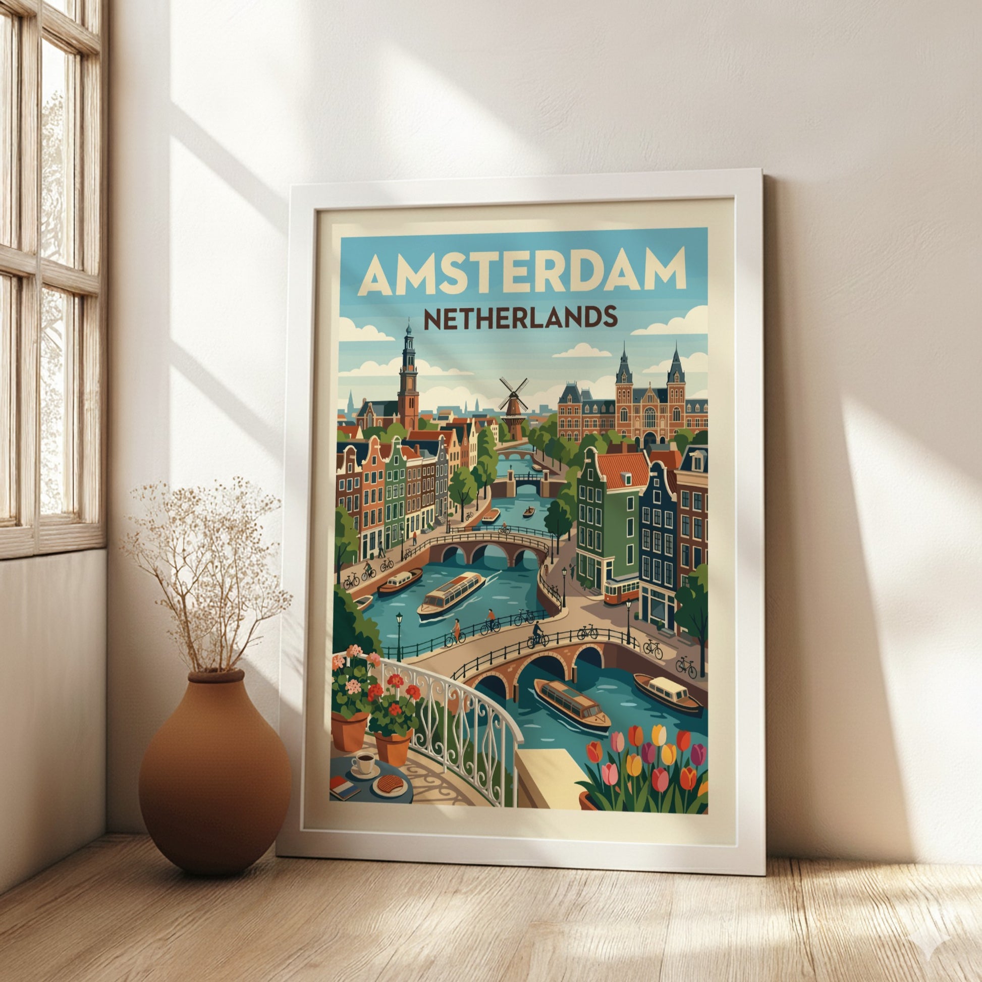 Illustrative poster of Amsterdam canals with gabled houses, bridges, and boats in a vibrant color palette.