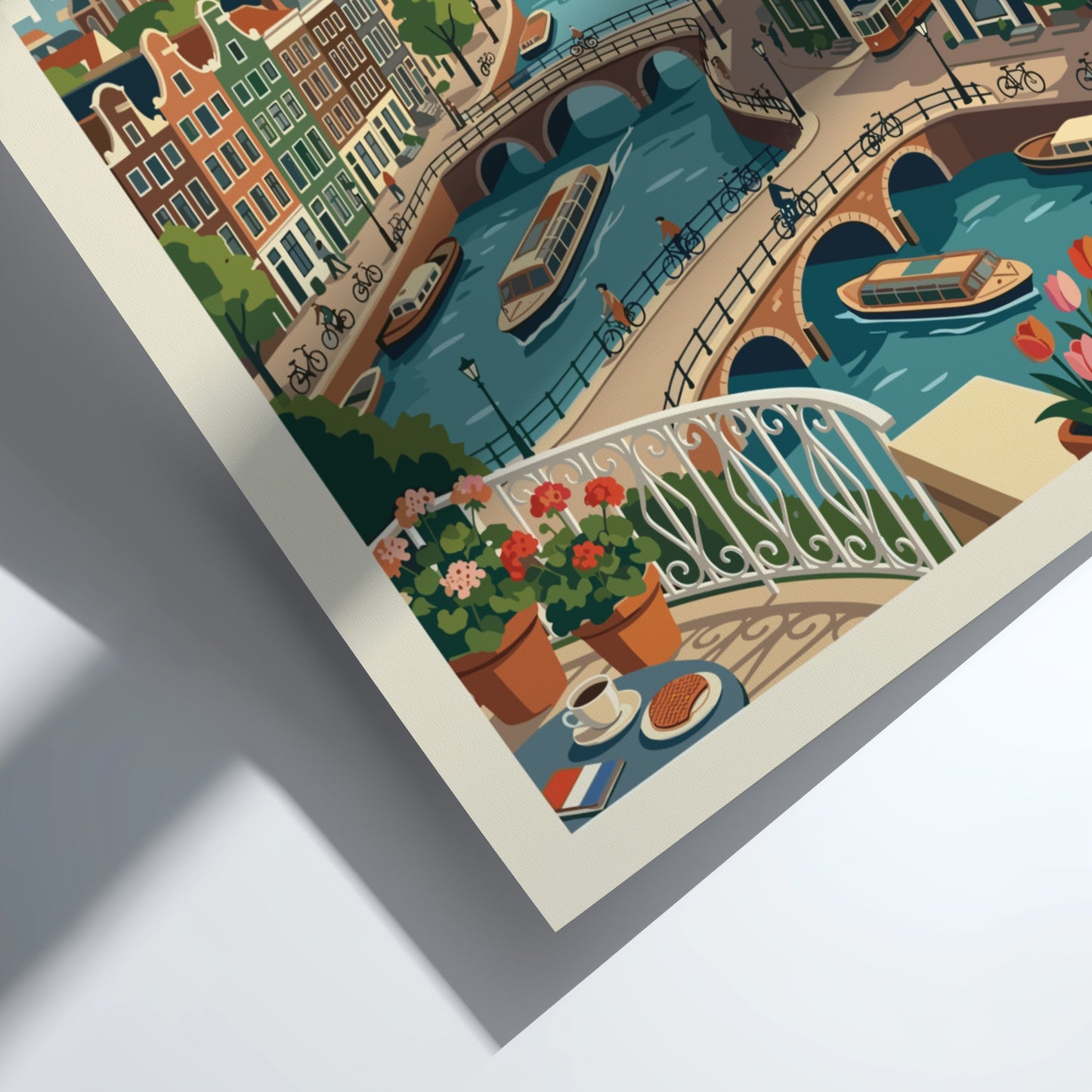 Illustrative poster of Amsterdam canals with gabled houses, bridges, and boats in a vibrant color palette.
