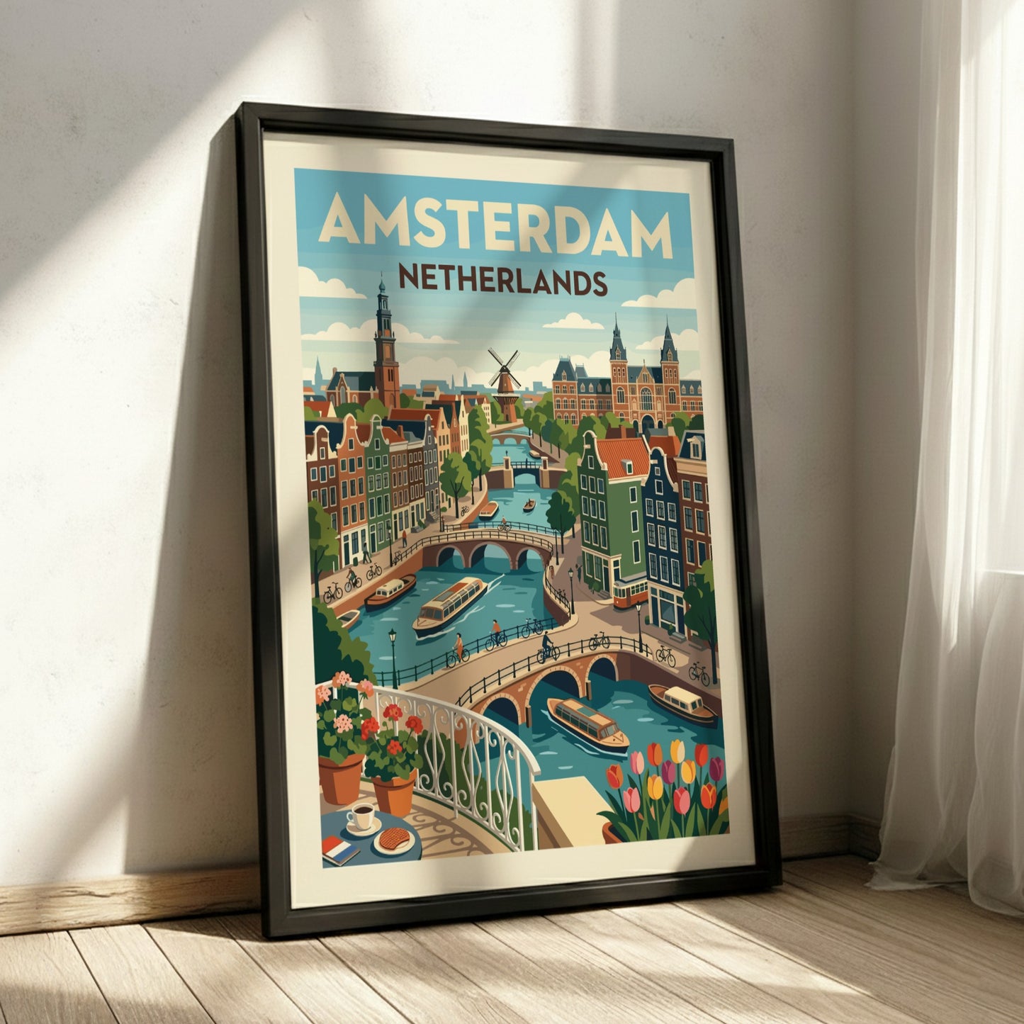 Illustrative poster of Amsterdam canals with gabled houses, bridges, and boats in a vibrant color palette.