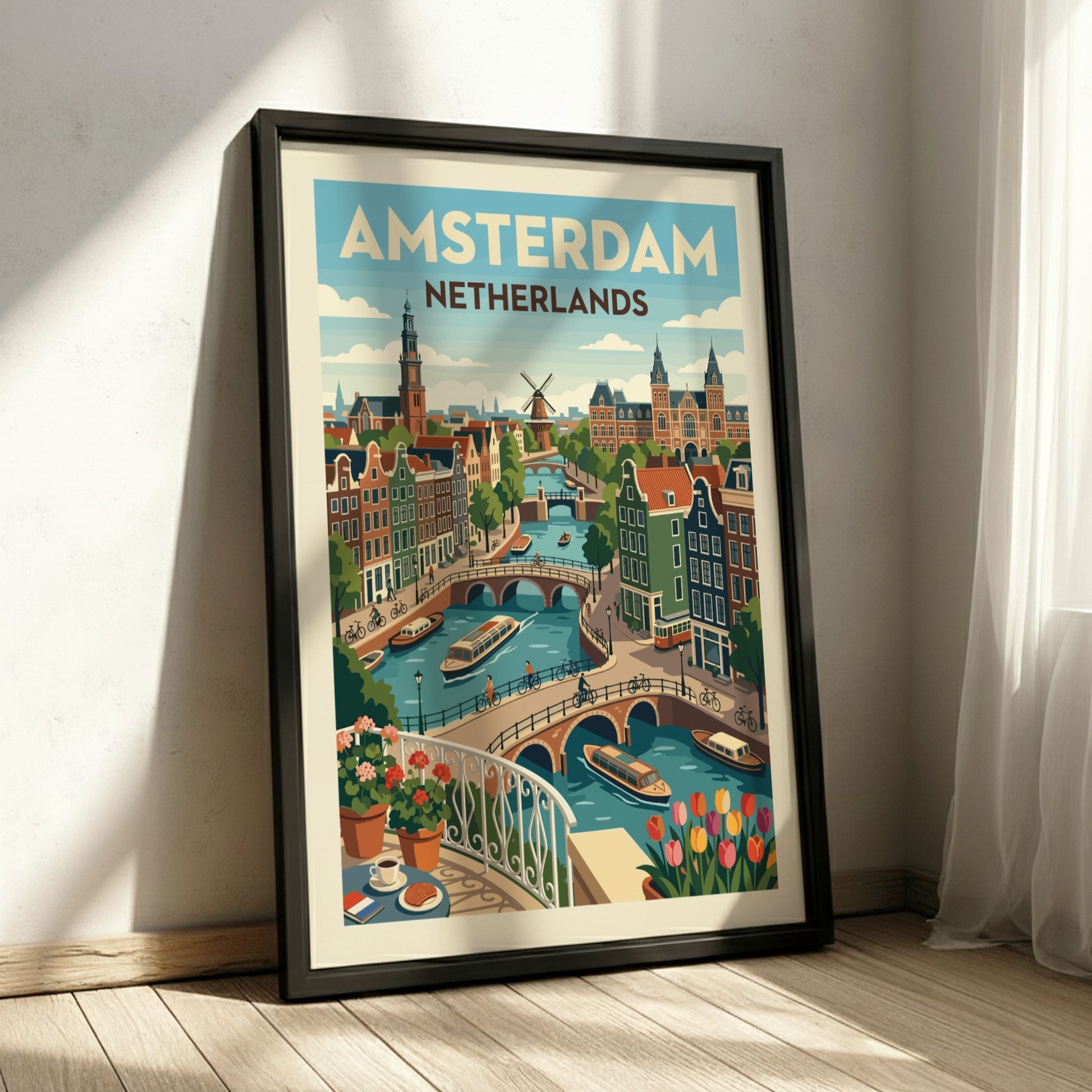 Illustrative poster of Amsterdam canals with gabled houses, bridges, and boats in a vibrant color palette.
