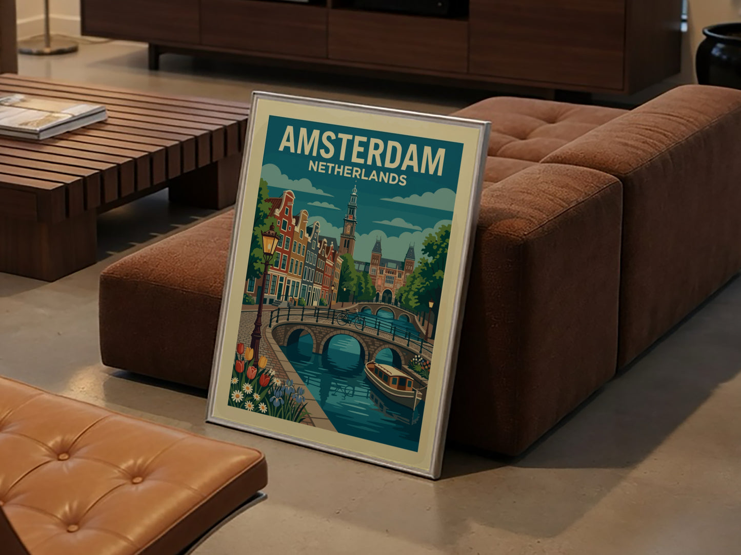 Amsterdam canal travel poster with illustrative style, featuring canal houses, bridge, and boat.