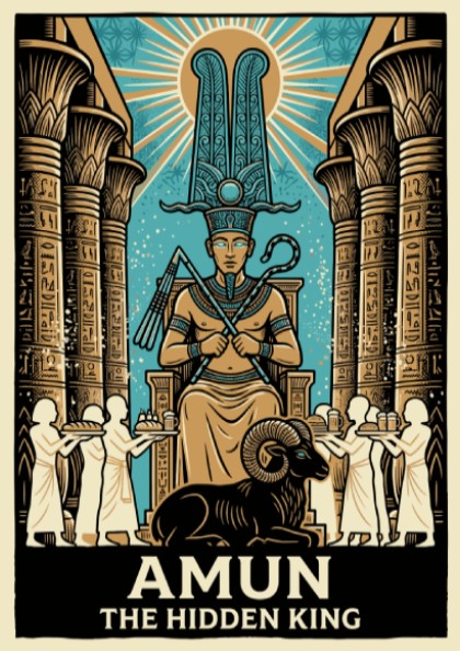 Poster featuring the Egyptian god Amun, his plumed crown, and a ram in teal.