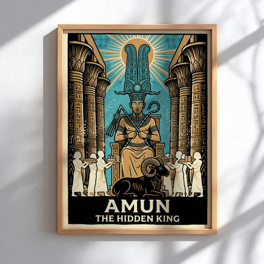 Poster featuring the Egyptian god Amun, his plumed crown, and a ram in teal.