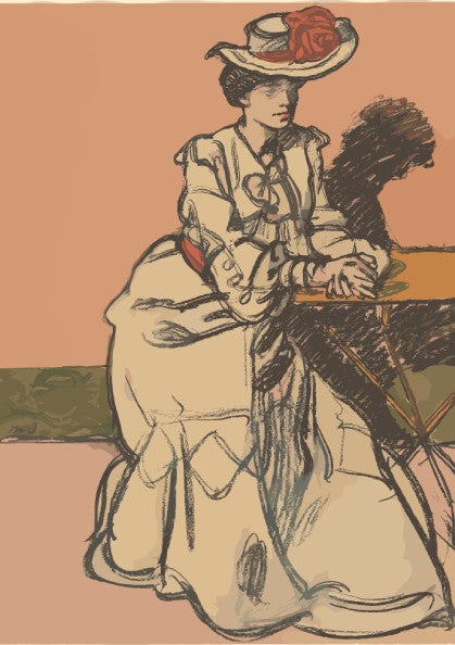 Poster of "An Elegant Parisienne Seated in a Cafe" by Maxime Dethomas, vintage sketch style, warm tones.