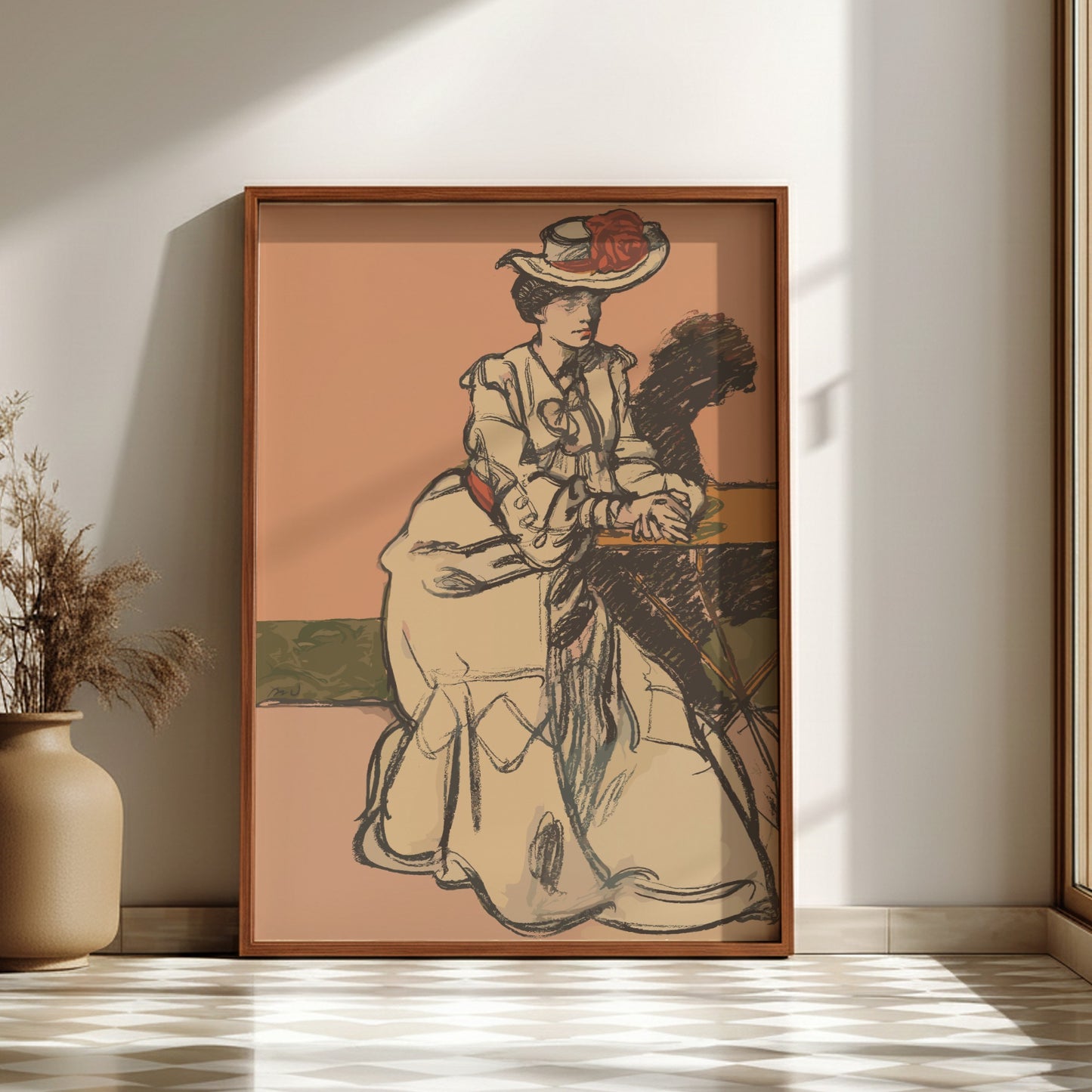 Poster of "An Elegant Parisienne Seated in a Cafe" by Maxime Dethomas, vintage sketch style, warm tones.