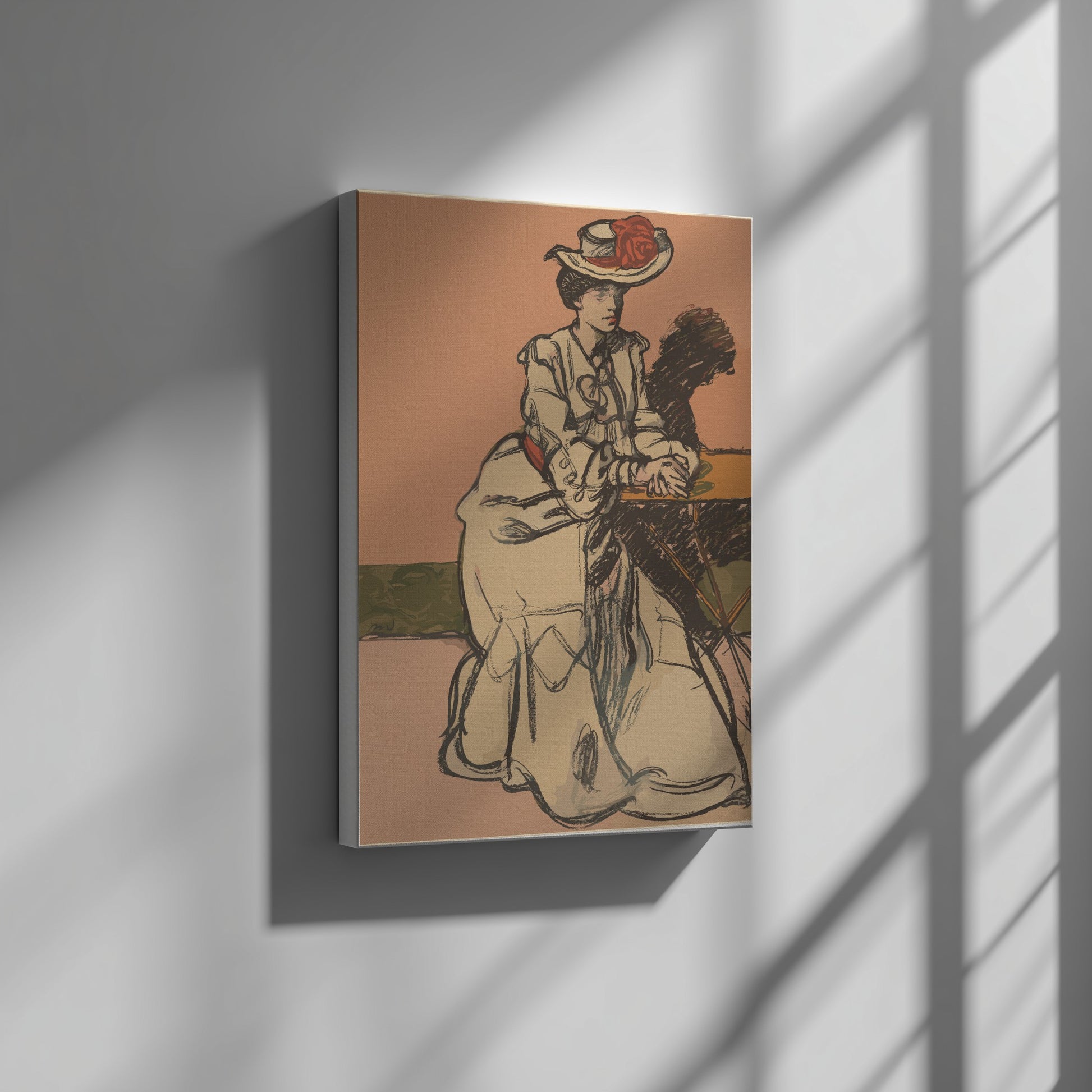 Poster of "An Elegant Parisienne Seated in a Cafe" by Maxime Dethomas, vintage sketch style, warm tones.