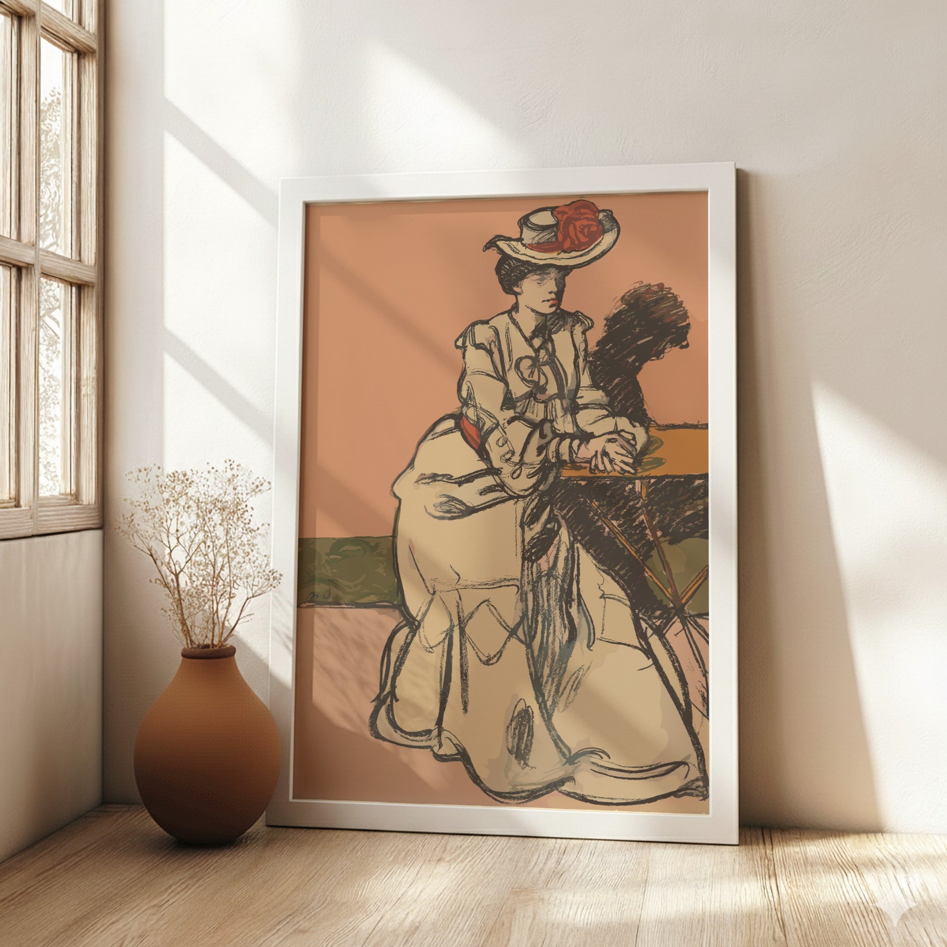 Poster of "An Elegant Parisienne Seated in a Cafe" by Maxime Dethomas, vintage sketch style, warm tones.