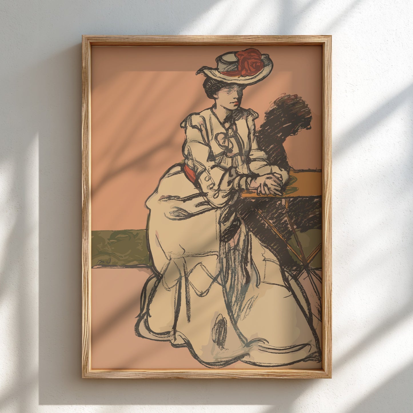 Poster of "An Elegant Parisienne Seated in a Cafe" by Maxime Dethomas, vintage sketch style, warm tones.