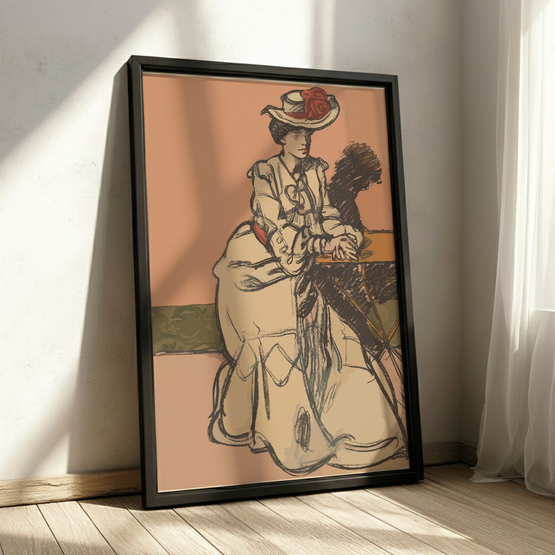 Poster of "An Elegant Parisienne Seated in a Cafe" by Maxime Dethomas, vintage sketch style, warm tones.