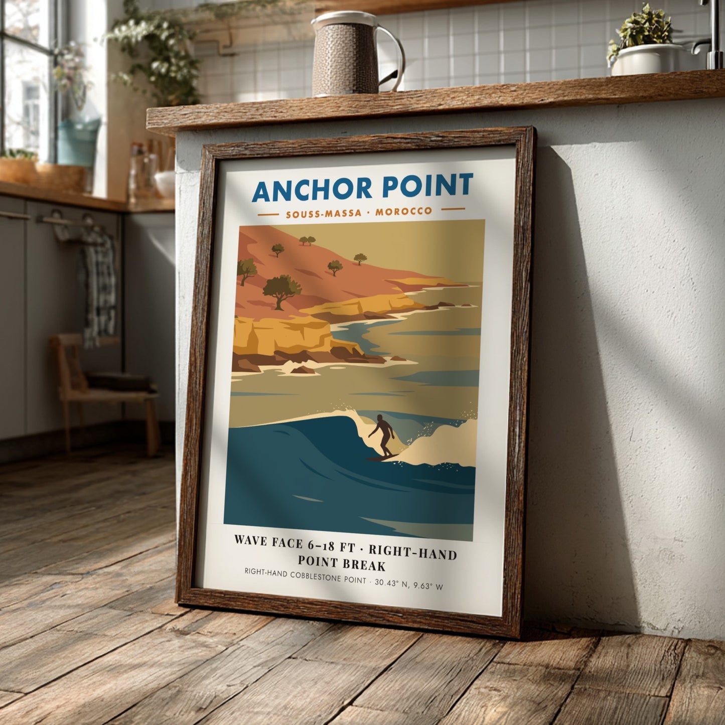 Anchor Point Morocco surf poster featuring a right-hand point break against golden cliffs.