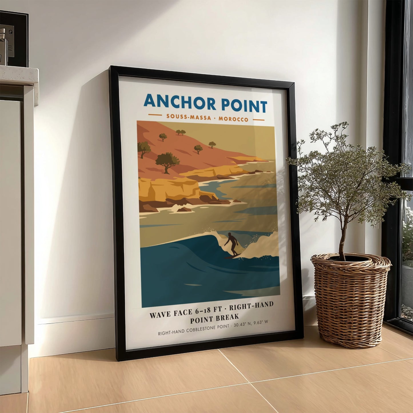 Anchor Point Morocco surf poster featuring a right-hand point break against golden cliffs.