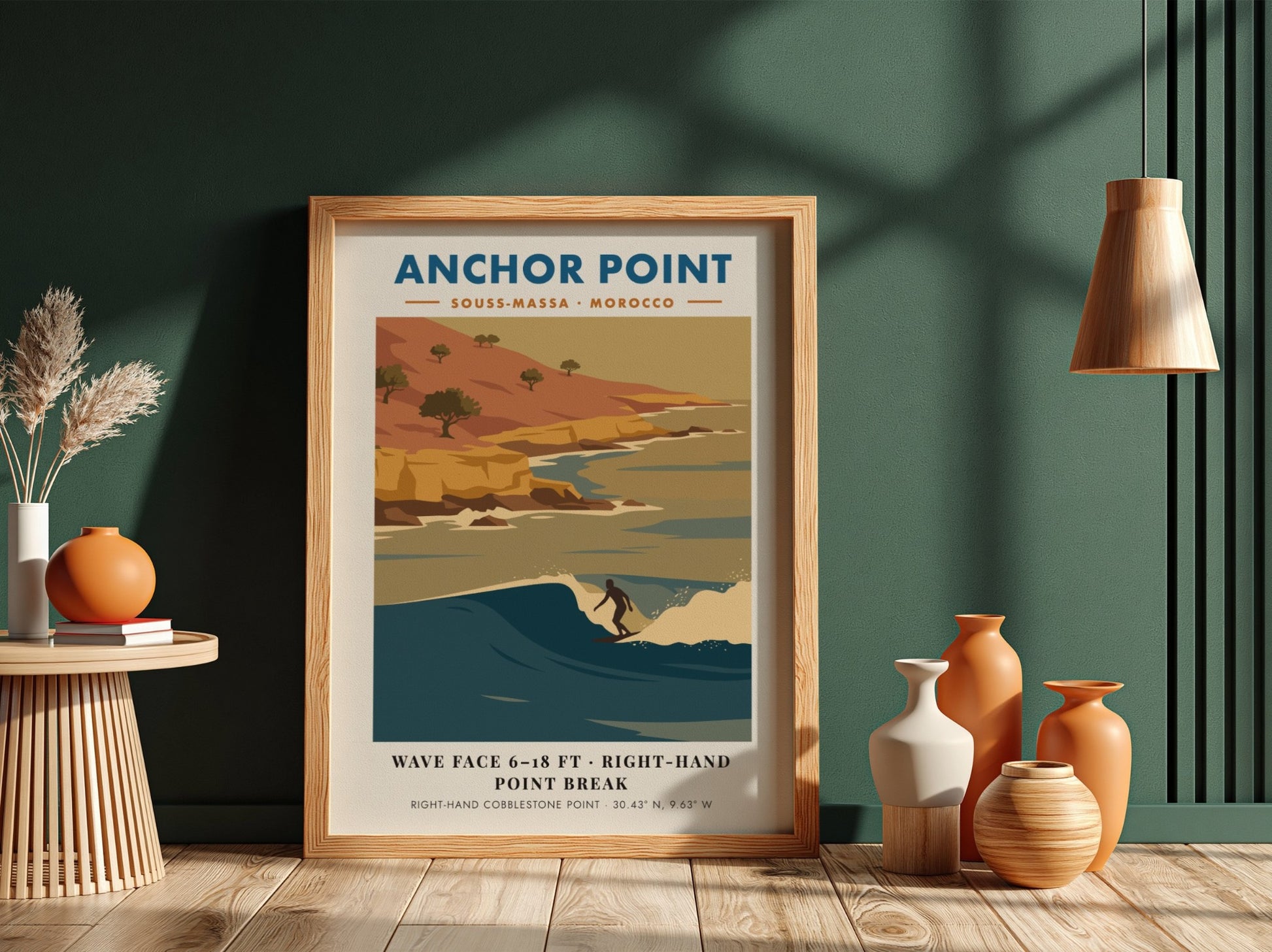 Anchor Point Morocco surf poster featuring a right-hand point break against golden cliffs.