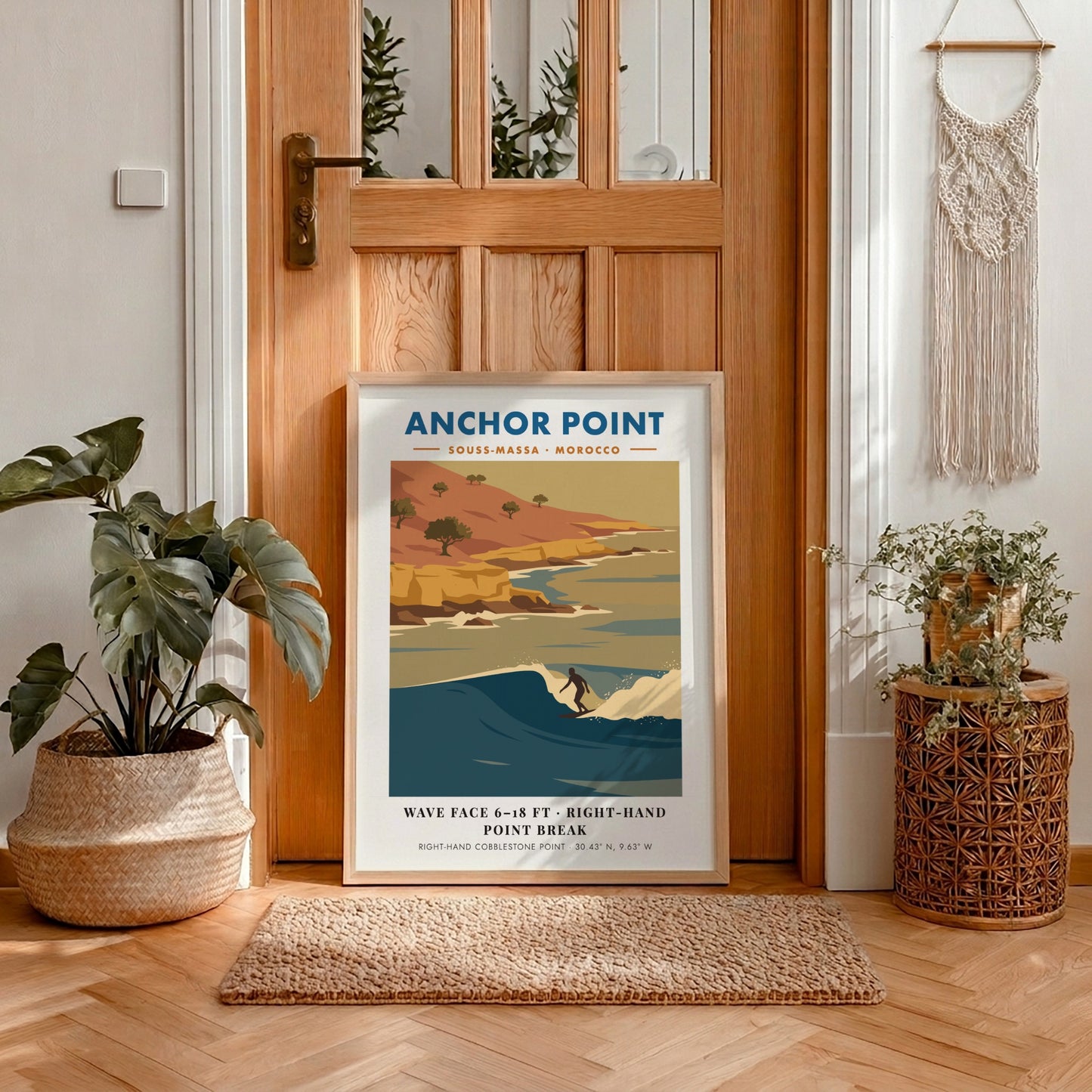 Anchor Point Morocco surf poster featuring a right-hand point break against golden cliffs.