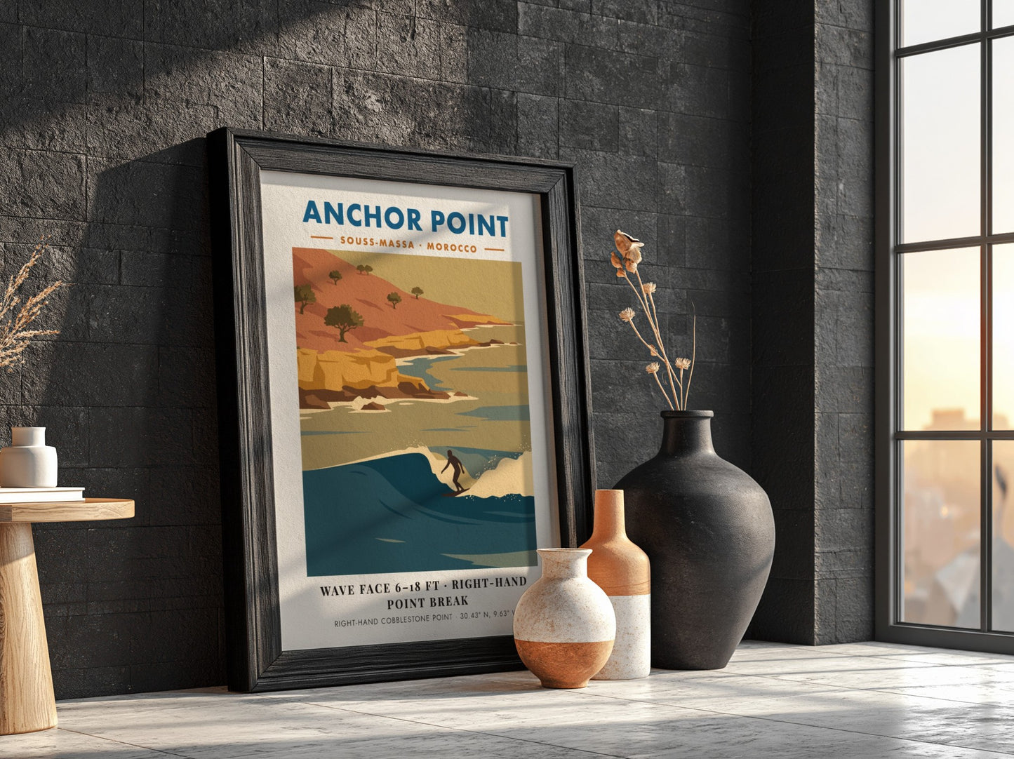 Anchor Point Morocco surf poster featuring a right-hand point break against golden cliffs.