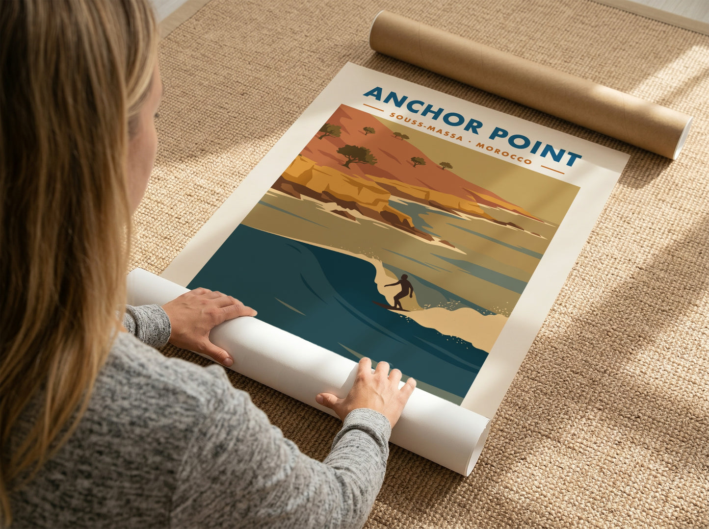 Anchor Point Morocco surf poster featuring a right-hand point break against golden cliffs.