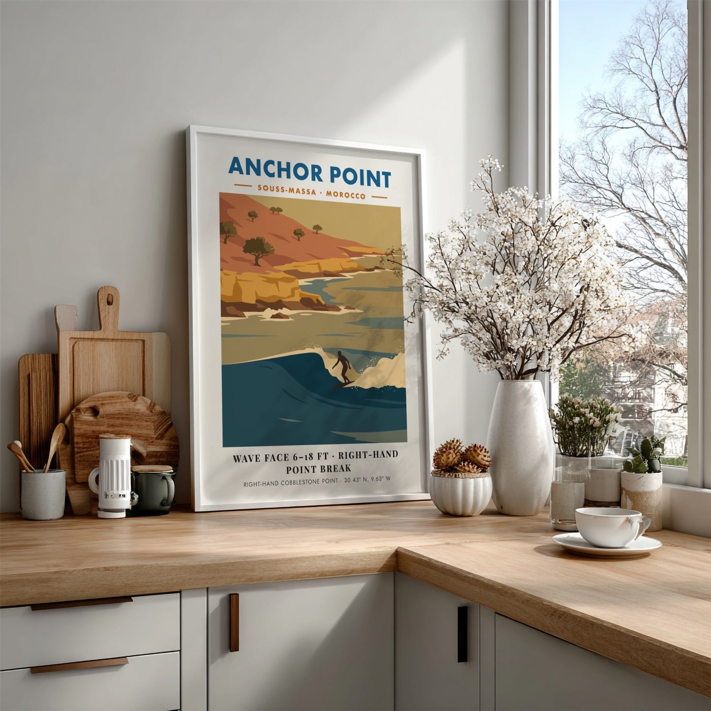 Anchor Point Morocco surf poster featuring a right-hand point break against golden cliffs.