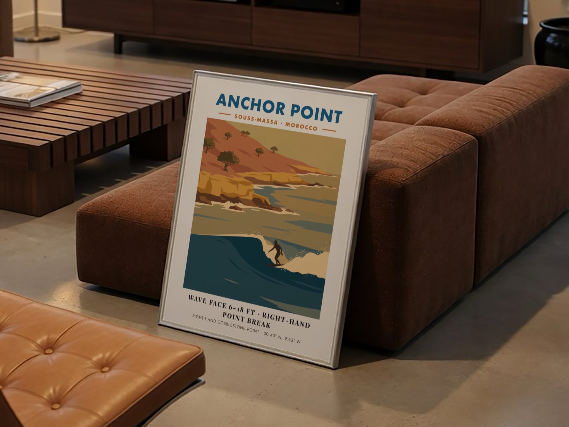 Anchor Point Morocco surf poster featuring a right-hand point break against golden cliffs.
