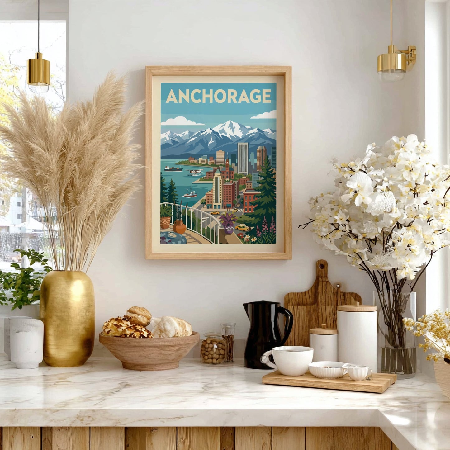 Stylized illustration of Anchorage skyline with mountains, cityscape, and harbor. Cityscape wall art.