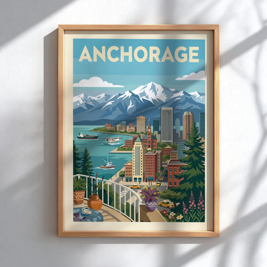 Stylized illustration of Anchorage skyline with mountains, cityscape, and harbor. Cityscape wall art.