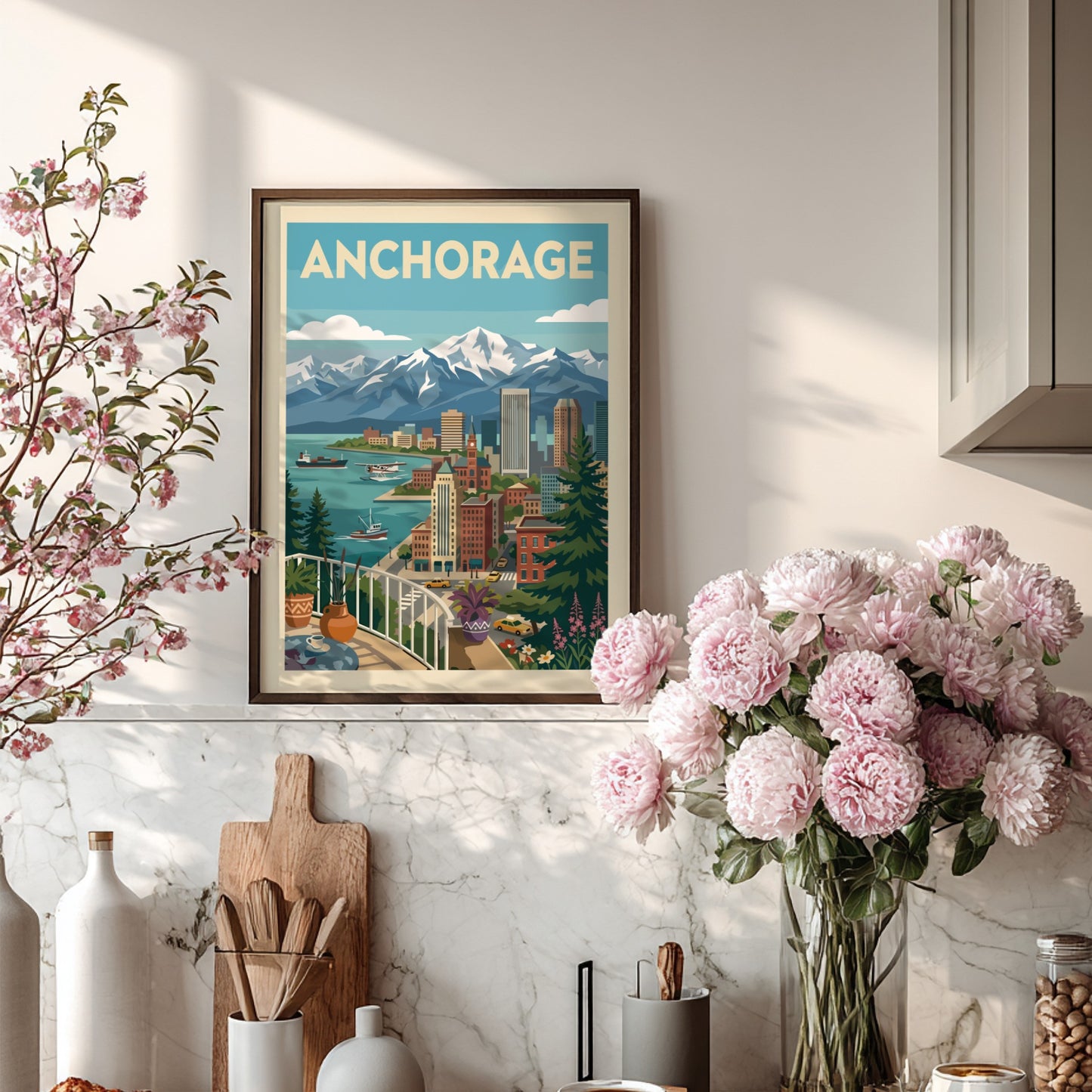 Stylized illustration of Anchorage skyline with mountains, cityscape, and harbor. Cityscape wall art.