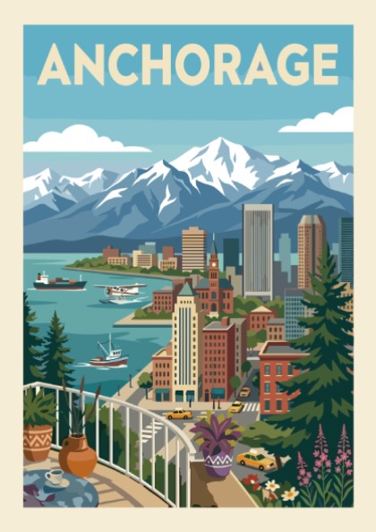 Stylized illustration of Anchorage skyline with mountains, cityscape, and harbor. Cityscape wall art.