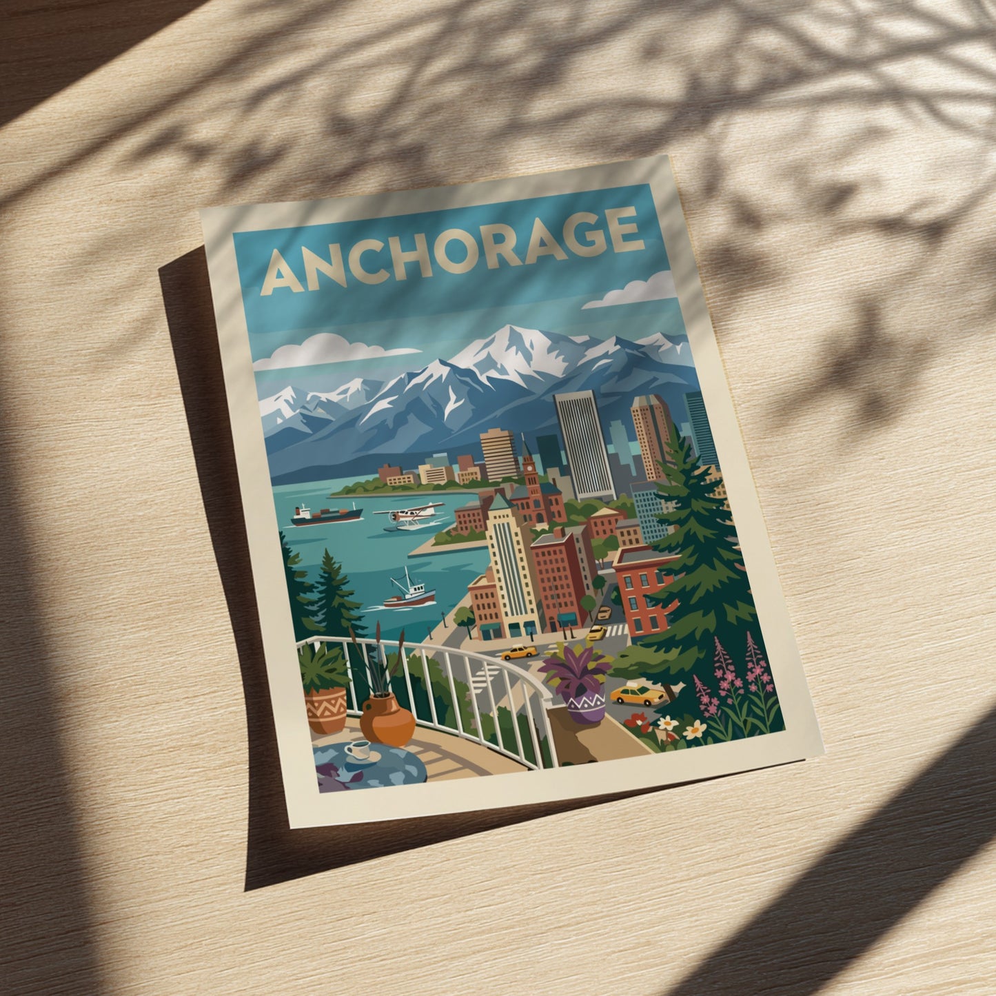 Stylized illustration of Anchorage skyline with mountains, cityscape, and harbor. Cityscape wall art.