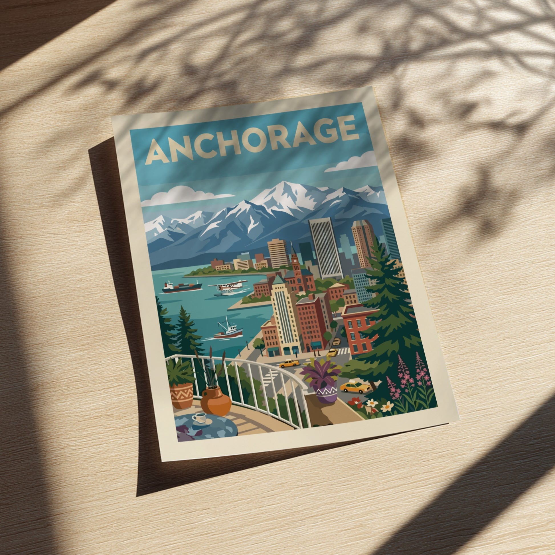 Stylized illustration of Anchorage skyline with mountains, cityscape, and harbor. Cityscape wall art.